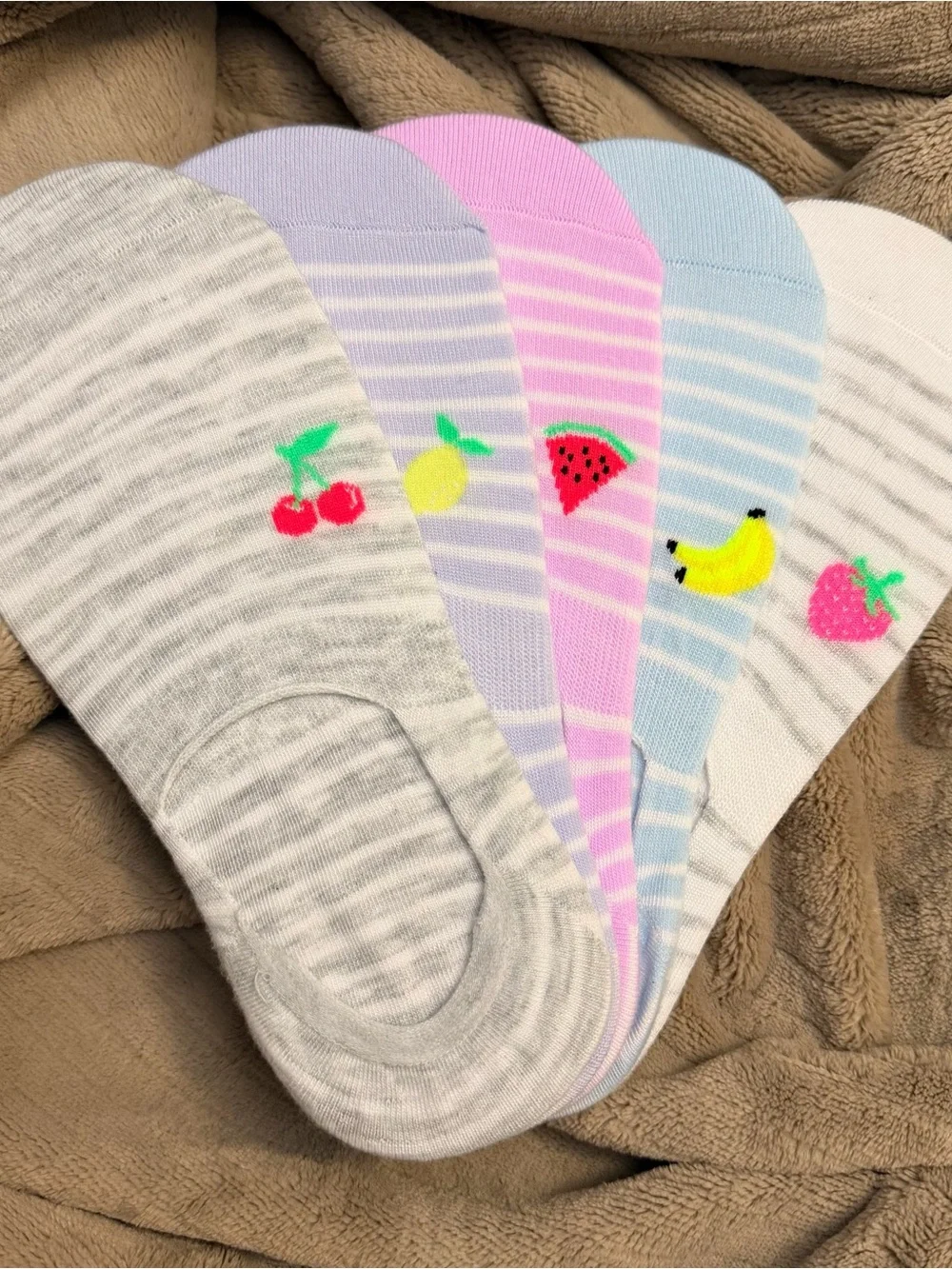 No-Show Women’s Socks Set with Fruit Designs - Pastel Stripe Colors